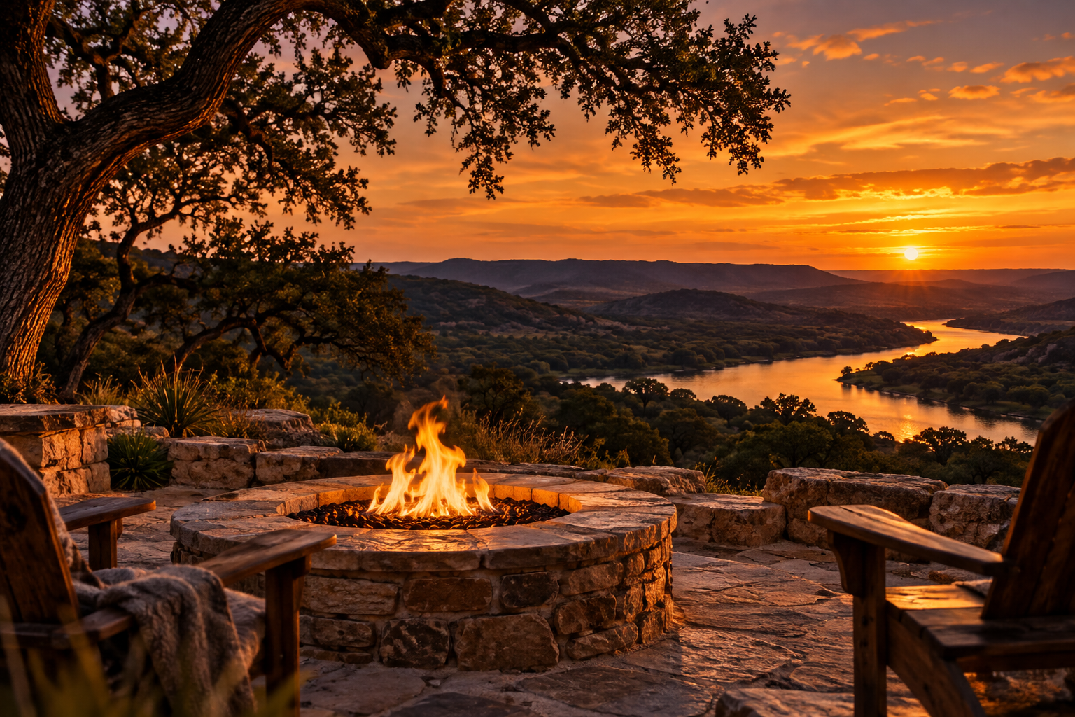 Texas Hill Country sunset and outdoor fire pit